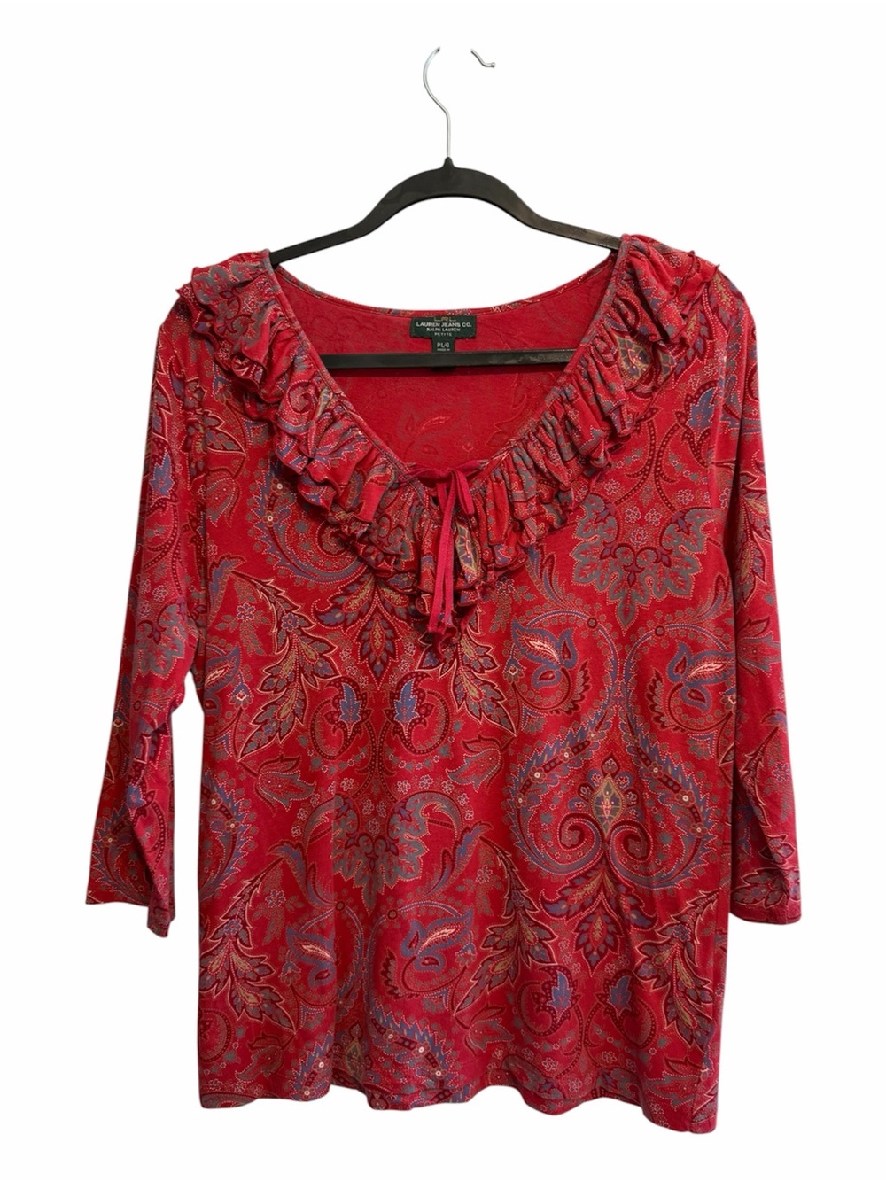 Lauren Jeans Co. Red Paisley Ruffle-Neck Women's Top